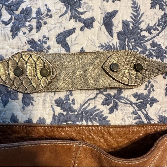 Pulicati Shoulder Bag Italian Made Camel Tan Leather Purse Snakeskin 14.5” x 11” - Picture 4 of 11